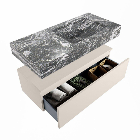 Mondiaz ALAN-DLUX Ensemble de meuble - 100cm - meuble Linen mat - 1 tiroir - Lavabo Cloud Lava suspendu - vasque Droite - 1 trou de robinet SW808167