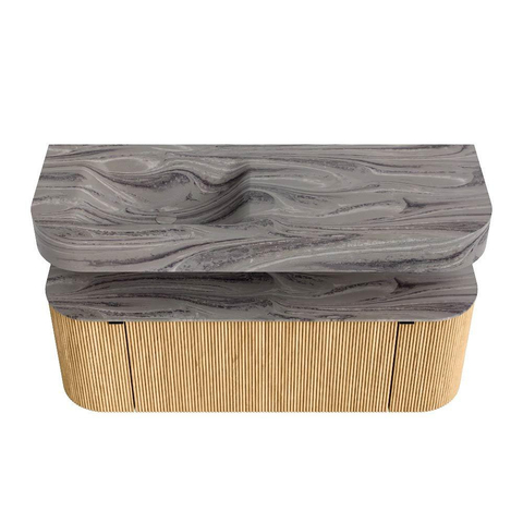 MONDIAZ THOR-DLUX 130cm badmeubel ronding links + rechts kleur Oak met 1 lade en 2 deuren. Vrijhangende wastafel CLOUD Links zonder kraangat kleur Sombra. SW1464052