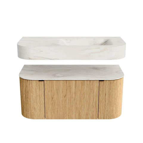 MONDIAZ THOR-DLUX 100cm meuble de salle de bains arrondi gauche + droite couleur Oak avec 1 tiroir et 2 portes. Vasque suspendue CLOUD Droite 1 trou de robinet couleur Ostra. SW1467331