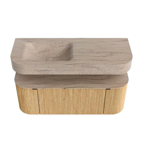 MONDIAZ THOR-DLUX 120cm badmeubel ronding links + rechts kleur Oak met 1 lade en 2 deuren. Vrijhangende wastafel CLOUD Links zonder kraangat kleur Saba. SW1463422
