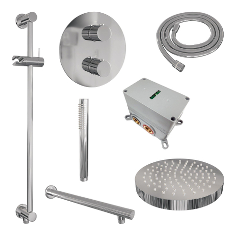BRAUER Stripe Thermostatische Inbouw Regendouche - 3-weg - rond - SET 43 - 25cm douchekop - rechte muurarm - staaf handdouche - doucheslang - geïntegreerde glijstang - chroom SW1434784