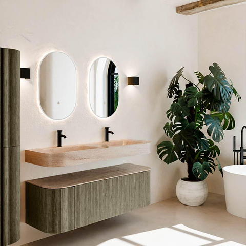 MONDIAZ THOR-DLUX 140cm meuble de salle de bains arrondi gauche + droite couleur Shadow avec 1 tiroir et 2 portes. Vasque suspendue CLOUD Double 2 trous de robinet couleur Saba. SW1464355