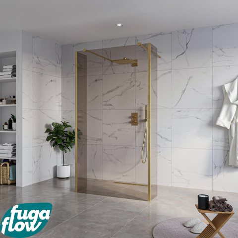FugaFlow Eccelente Vetro Douche à l'italienne - 110x200cm - verre fumé - anticalcaire - verre de sécurité 8mm - 2 parois latérales 40cm - avec bras muraux et profilés d'angle - Laiton brossé (doré) SW1125582