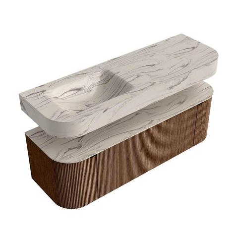 MONDIAZ THOR-DLUX 140cm badmeubel ronding links + rechts kleur Walnut met 1 lade en 2 deuren. Vrijhangende wastafel CLOUD Links zonder kraangat kleur Nata. SW1464458