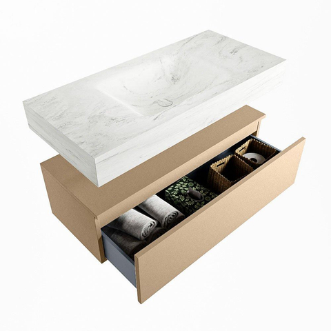 Mondiaz ALAN-DLUX Ensemble de meuble - 100cm - meuble Oro mat - 1 tiroir - Lavabo Cloud Opalo suspendu - vasque Centre - 0 trous de robinet SW806715