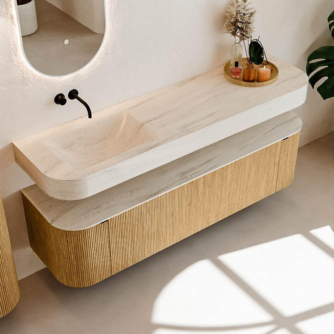 MONDIAZ THOR-DLUX 170cm meuble de salle de bains arrondi gauche + droite couleur Oak avec 1 tiroir et 2 portes. Vasque suspendue CLOUD gauche sans trou de robinet couleur Meli. SW1465829