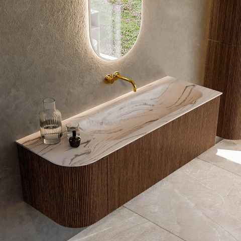 MONDIAZ KURVE-DLUX 135cm meuble de salle de bains arrondi à gauche couleur Walnut avec 1 tiroir et 1 porte. Lavabo BIG MEDIUM à droite sans trou de robinet Nata. SW1432213
