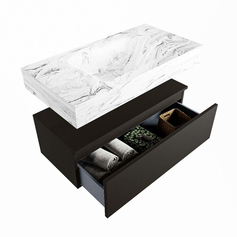 Mondiaz ALAN-DLUX Ensemble de meuble - 90cm - meuble Urban mat - 1 tiroir - Lavabo Cloud Glace suspendu - vasque Centre - 1 trou de robinet SW804803