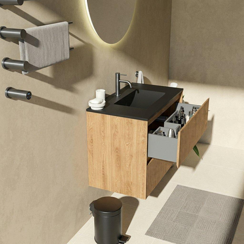 Saniclass Holz Atelier Ensemble meuble de salle de bains - 80x45x62cm - Lavabo Vygo en céramique noir - 1 vasque - 1 trou de robinet - 2 tiroirs - chêne natural mat (bois) SW1478956