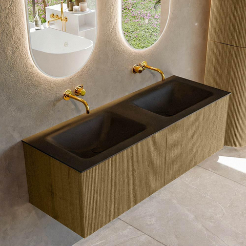 Mondiaz KURVE Ensemble de meuble de salle de bains - 130x46x40cm - 2 tiroirs - vasque solid surface - double - sans trou de robinet - Dusk SW1414850
