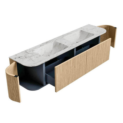 MONDIAZ KURVE-DLUX meuble de salle de bains 180 cm avec module 25 Len R couleur Oak avec 2 tiroirs et 2 portes. Vasque LEAF double sans trou de robinetterie couleur Glace. SW1137984