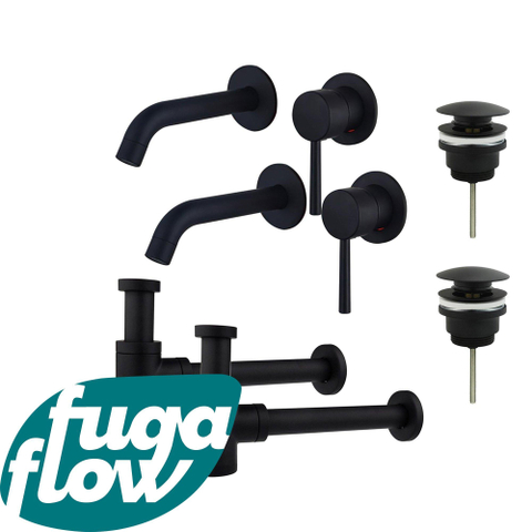 FugaFlow Eccelente Sobrado Badkamer Slim Wastafelkraanset - voor dubbele wastafel - inbouw wastafelkraan - klikwaste plug - verlaagde design sifon - Mat zwart SW1124415