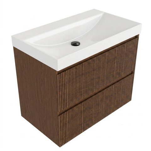 Saniclass Holz Atelier Badkamermeubelset - 80x45x67.5cm - Wave keramische wastafel - 1 wasbak - zonder kraangat - 2 lades - mat walnut pure (hout) SW1479016