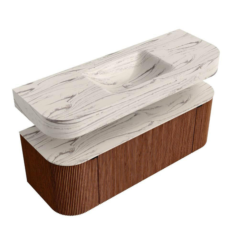 MONDIAZ THOR-DLUX Meuble de salle de bains 130cm arrondi gauche + droite couleur Ruby avec 1 tiroir et 2 portes. Vasque suspendue CLOUD Milieu sans trou de robinet couleur Nata. SW1463871