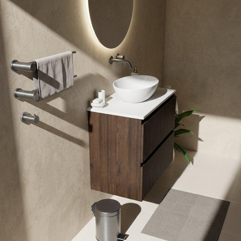 Saniclass Holz Atelier Ensemble de meubles de salle de bains - 80x45x62.5cm - plan de toilette Torino en Solid Surface blanc - sans trou de robinetterie - 2 tiroirs - chêne charcoal mat (bois) SW1478694