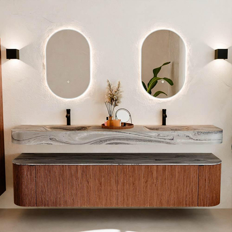 MONDIAZ THOR-DLUX 200cm meuble de salle de bains arrondi gauche + droite couleur Ruby avec 2 tiroirs et 2 portes. Vasque suspendue CLOUD Double 2 trous de robinet couleur Sombra. SW1467289