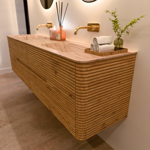 Mondiaz CIRO-DLUX Ensemble de meubles de salle de bains - 180x45x50cm - plan-vasque solid surface Arena - 2 bacs Double - sans trous de robinet - 4 tiroirs - Chêne SW1531463
