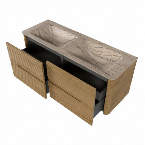Mondiaz CIRO-DLUX Badkamermeubelset - 130x45x50cm - Solid surface wastafel Arena - 2 wasbak Dubbel - 2 kraangaten - 4 lades - Oak SW1531341