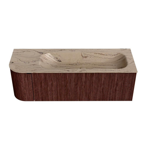 MONDIAZ KURVE-DLUX Meuble de salle de bains 135cm arrondi à gauche couleur Ruby avec 1 tiroir et 1 porte. Lavabo BIG MEDIUM à droite sans trou de robinet Arena. SW1431514