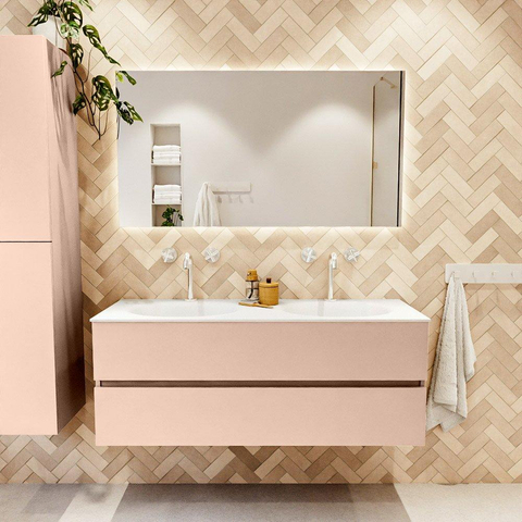 MONDIAZ VICA Ensemble meuble de salle de bains - 130cm - meuble bas rosee - 2 tiroirs - vasque moon double - 2 trous de robinet - version haute 60cm - talc SW1080350