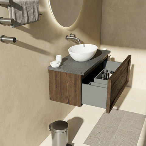 Saniclass Holz Frame Ensemble meuble de salle de bains - 100x45x43cm - plan vasque en basalte Noche poli (noir) - sans trou de robinetterie - 1 tiroir - chêne charcoal mat (bois) SW1478554