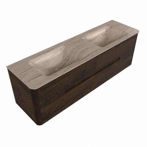 Mondiaz CIRO-DLUX Meuble de salle de bains - 160x45x50cm - Plan vasque solid surface Saba - 2 vasques Double - sans trous de robinetterie - 4 tiroirs - Noyer SW1530695