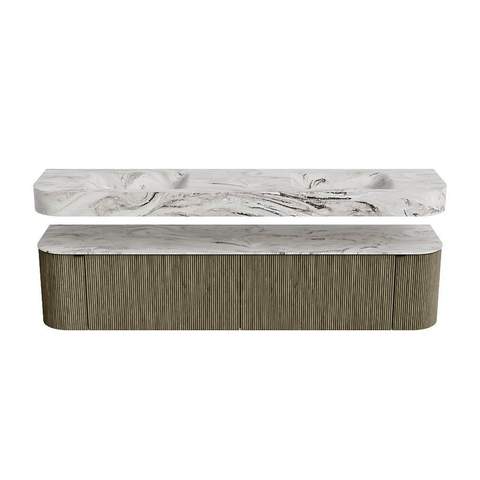 MONDIAZ THOR-DLUX Meuble de salle de bains - 200cm - arrondi gauche + droite - couleur Shadow - 2 tiroirs et 2 portes - Vasque suspendue CLOUD Double sans trou de robinet - couleur Glace SW1467024