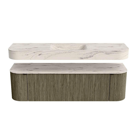MONDIAZ THOR-DLUX 160cm meuble de salle de bains arrondi gauche + droite couleur Shadow avec 1 tiroir et 2 portes. Vasque suspendue CLOUD Milieu 1 trou de robinet couleur Nata. SW1465284