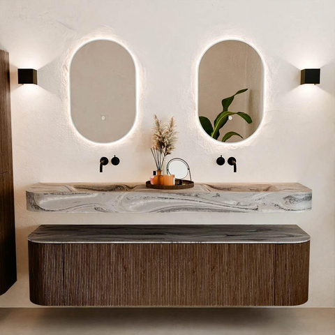 MONDIAZ THOR-DLUX 180cm badmeubel ronding links + rechts kleur Walnut met 2 lades en 2 deuren. Vrijhangende wastafel CLOUD Dubbel zonder kraangat kleur Sombra. SW1466280