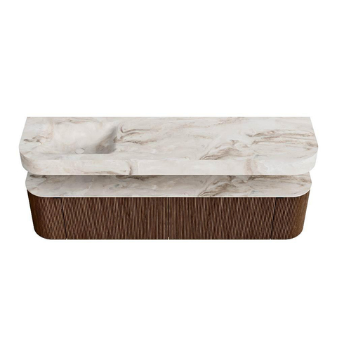 MONDIAZ THOR-DLUX 190cm meuble de salle de bains arrondi gauche + droite couleur Walnut avec 2 tiroirs et 2 portes. Vasque suspendue CLOUD Gauche 1 trou de robinet couleur Frappe. SW1466401