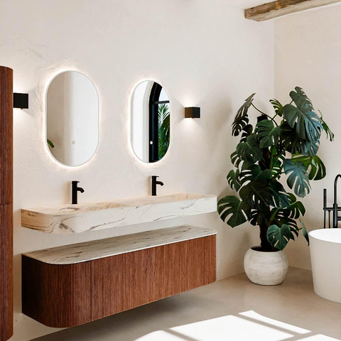 MONDIAZ THOR-DLUX 160cm meuble de salle de bains arrondi gauche + droite couleur Ruby avec 1 tiroir et 2 portes. Vasque suspendue CLOUD Double 2 trous de robinet couleur Nata. SW1465274
