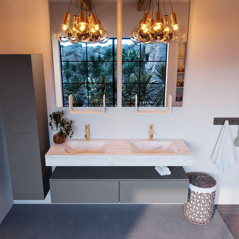 Mondiaz ALAN-DLUX Ensemble de meuble - 150cm - meuble Plata mat - 2 tiroirs - Lavabo Cloud Opalo suspendu - vasque Gauche et droite - 2 trous de robinet SW807049