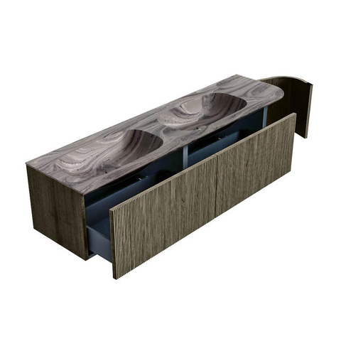 MONDIAZ KURVE-DLUX 175cm meuble de salle de bains arrondi Droite couleur Shadow avec 2 tiroirs et 1 porte. Lavabo STOR SMALL Double / Gauche sans trou de robinet Sombra. SW1433817