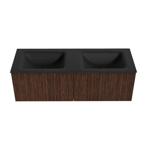 MONDIAZ KURVE Meuble de salle de bains 130cm couleur Walnut avec 2 tiroirs. Lavabo CLOUD double sans trou de robinet Urban. SW1138537