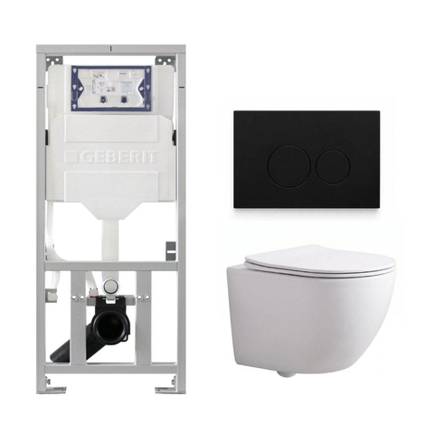 QeramiQ Dely Swirl Compact Toiletset - inbouwreservoir Geberit UP320 - met Burda frame - slim zitting - metalen bedieningsplaat mat zwart - ronde knoppen - glans wit SW1592288