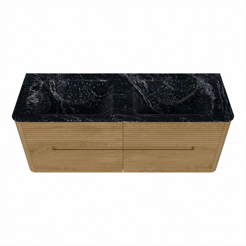 Mondiaz CIRO-DLUX Meuble de salle de bains - 130x45x50cm - plan-vasque solid surface Lava - 2 cuves Double - sans trous de robinetterie - 4 tiroirs - Chêne SW1531106