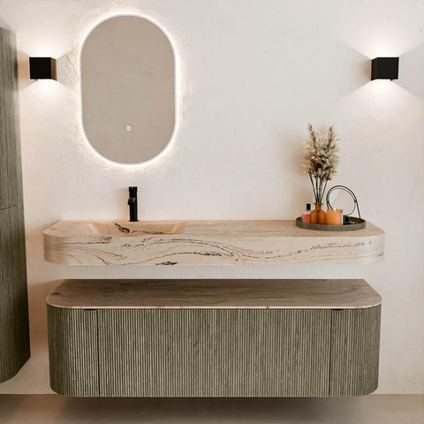 MONDIAZ THOR-DLUX 150cm meuble de salle de bains arrondi gauche + droite couleur Shadow avec 1 tiroir et 2 portes. Vasque suspendue CLOUD Gauche 1 trou de robinet couleur Arena. SW1464757