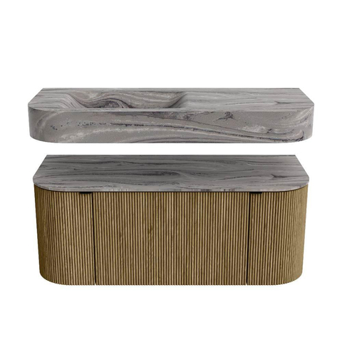 MONDIAZ THOR-DLUX Meuble de salle de bains 110cm arrondi gauche + droite couleur Dusk avec 1 tiroir et 2 portes. Vasque suspendue CLOUD Gauche 1 trou de robinet couleur Sombra. SW1463020
