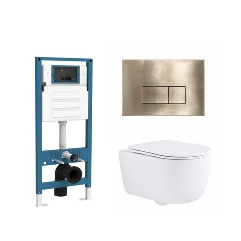 QeramiQ Dely Swirl Ensemble de toilette - réservoir encastré QeramiQ Flush - abattant slim - plaque de commande en métal laiton brossé - boutons rectangulaires - blanc brillant SW1578478