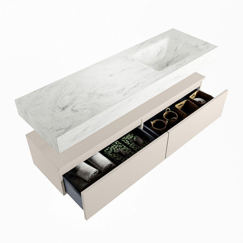 Mondiaz ALAN-DLUX Ensemble de meuble - 150cm - meuble Linen mat - 2 tiroirs - Lavabo Cloud Opalo suspendu - vasque Droite - 1 trou de robinet SW806706