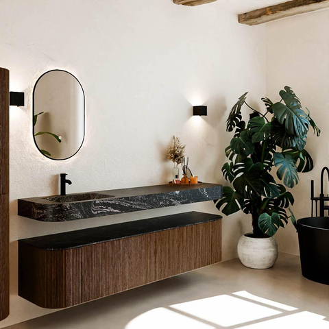 MONDIAZ THOR-DLUX 190cm badmeubel ronding links + rechts kleur Walnut met 2 lades en 2 deuren. Vrijhangende wastafel CLOUD Links 1 kraangat kleur Lava. SW1466226