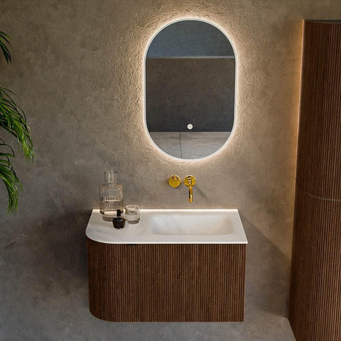 MONDIAZ KURVE Meuble de salle de bains 75 cm avec module 25 L couleur Walnut avec 1 tiroir et 1 porte. Lavabo GRUNNE à droite sans trou de robinet Talc. SW1138238