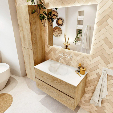 Mondiaz VICA Badkamermeubelset - 90x45x50cm - 2 lades - solid surface wastafel - Moon - zonder kraangaten - Talc - Washed Oak SW1476098