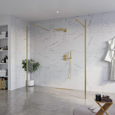 Fortifura Galeria Vrijstaande Inloopdouche - 180x200cm - helder - antikalk - 8mm veiligheidsglas - 2 zijwanden - 40cm - wandsteunen en hoekprofielen - PVD - geborsteld messing (goud) SW993120
