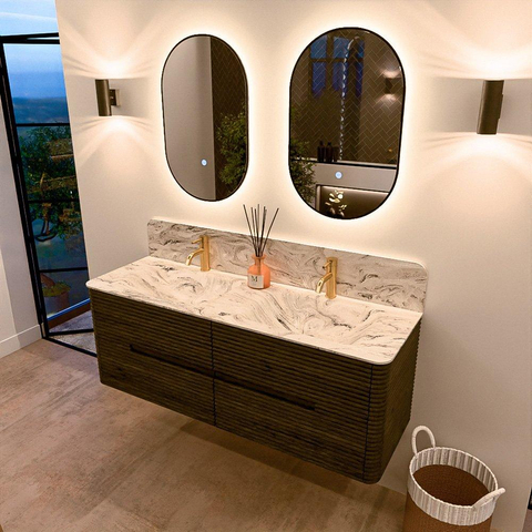 Mondiaz CIRO-DLUX Badkamermeubelset - 140x45x50cm - Solid surface wastafel Glace - 2 wasbak Dubbel - 2 kraangaten - 4 lades - Shadow SW1532218