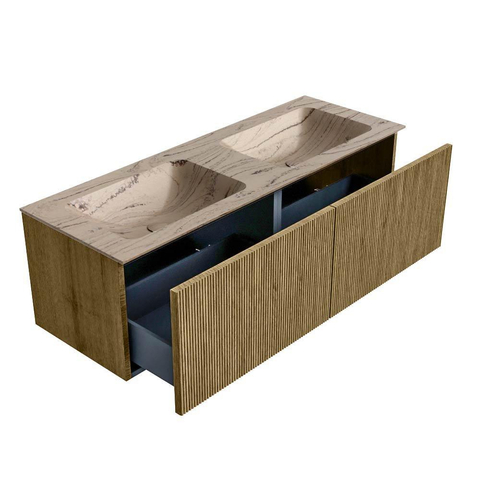 MONDIAZ KURVE-DLUX 130cm badmeubel kleur Dusk met 2 lades en 0 deuren. Wastafel LEAF Dubbel zonder kraangat Arena. SW1431427