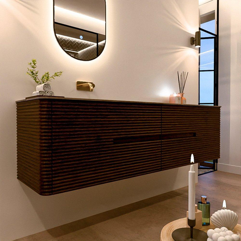 Mondiaz CIRO-DLUX Ensemble de meubles de salle de bains - 180x45x50cm - vasque solid surface Sombra - 1 bassin à gauche - sans trous de robinetterie - 4 tiroirs - Noyer SW1530806