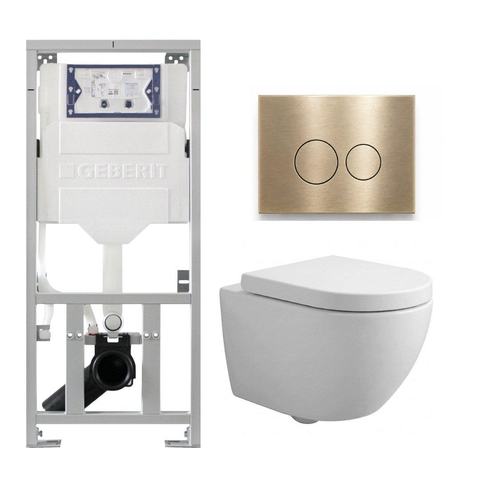 QeramiQ Dely Swirl Compact Toiletset - inbouwreservoir Geberit UP320 - met Burda frame - 25mm zitting - kunststof bedieningsplaat geborsteld messing (goud) - ronde knoppen - glans wit SW1592330