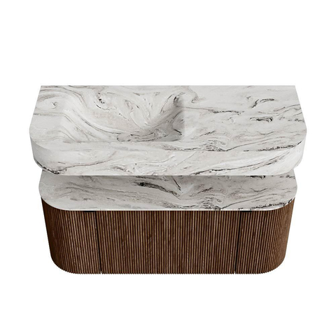 MONDIAZ THOR-DLUX 110cm meuble de salle de bains arrondi gauche + droite couleur Walnut avec 1 tiroir et 2 portes. Vasque suspendue CLOUD Gauche sans trou de robinet couleur Glace. SW1467643