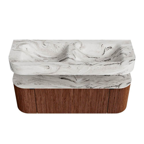 MONDIAZ THOR-DLUX 130cm meuble de salle de bains arrondi gauche + droite couleur Ruby avec 1 tiroir et 2 portes. Vasque suspendue CLOUD Double sans trou de robinet couleur Glace. SW1463757